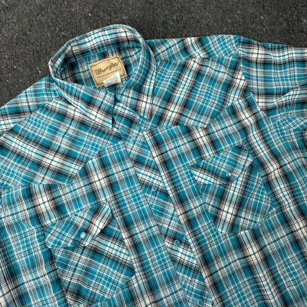Wrangler Western Shirt Mens 2XL Plaid Pearl Snap Short Sleeve Teal Blue Metallic